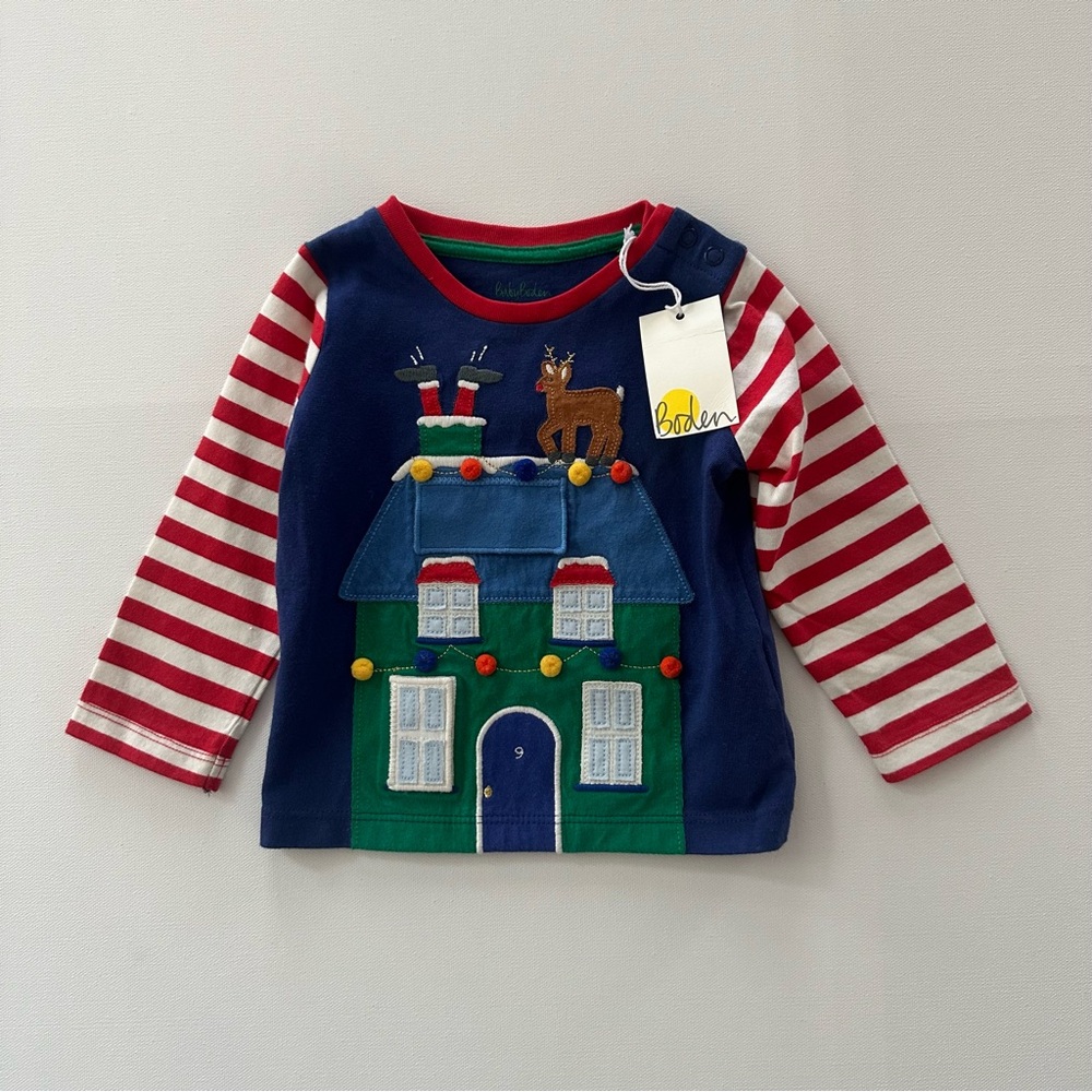Baby Boden 6-12 Months Santa House Flap Long Sleeve Top Christmas Holiday NWT